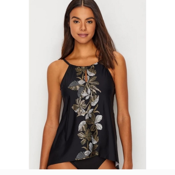 Miraclesuit Black, Gold, White Floral Keyhole Tankini Top Size 14 (See Note) - Picture 1 of 11
